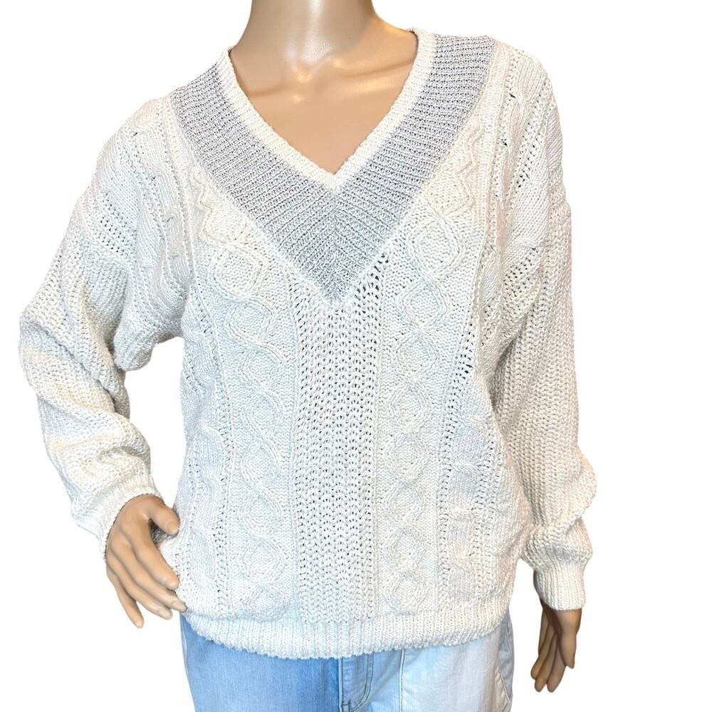 VTG 90s Marsh Landing Petite V-Neck Metallic Chunky Cable Knit Sweater SZ Medium